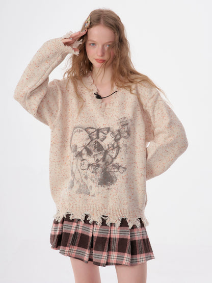 American butterfly print waxy V-neck sweater