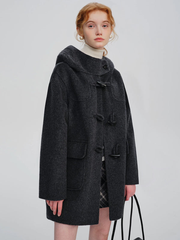 WOOL HOODED HORN-BUTTONED TWEED COAT