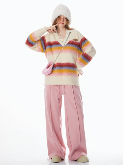 Stitching Rainbow stripes V-neck Sweater