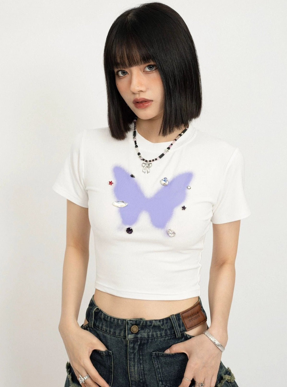 Butterfly Diamond Print Crop Tops