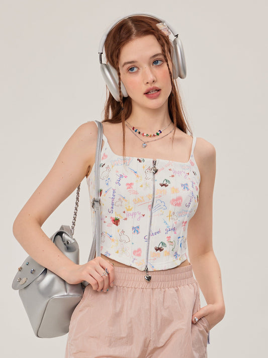 Graffiti Printed Zip Rib Camisole