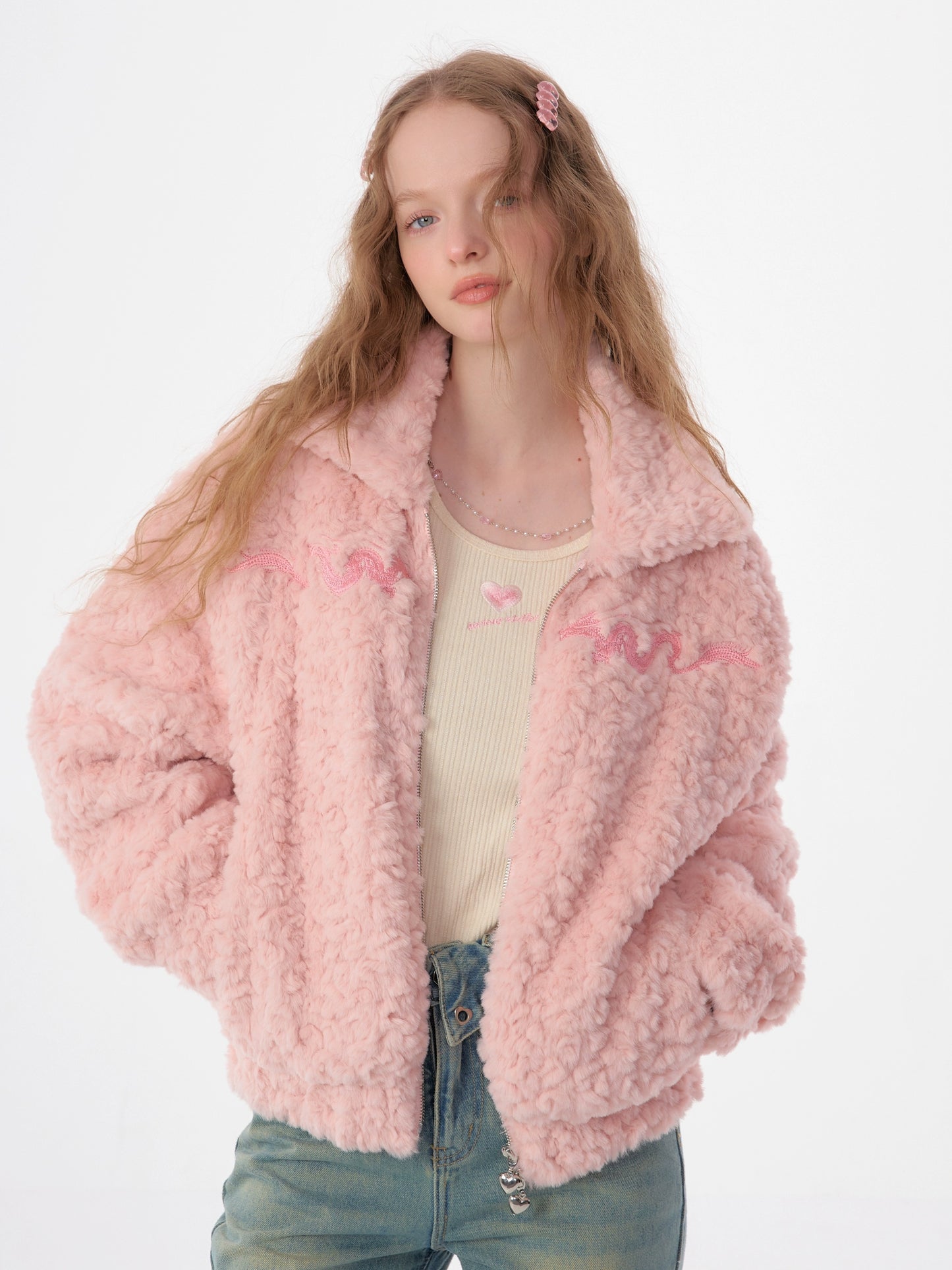 American dragon embroidery lamb wool coat