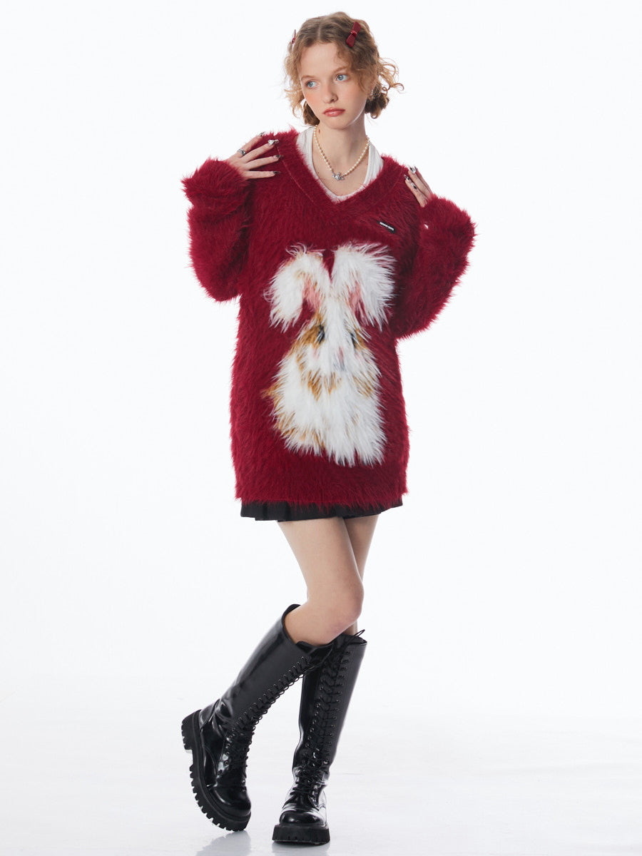 Red Advanced Rabbit V-neck Sweater