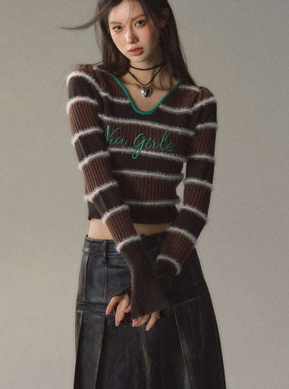 V-neck striped knit top