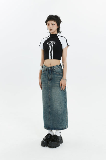 Back Slit A-Line Denim Long Skirt
