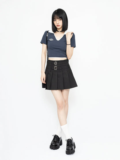 Metal Buckle A-line Pleated Skirt