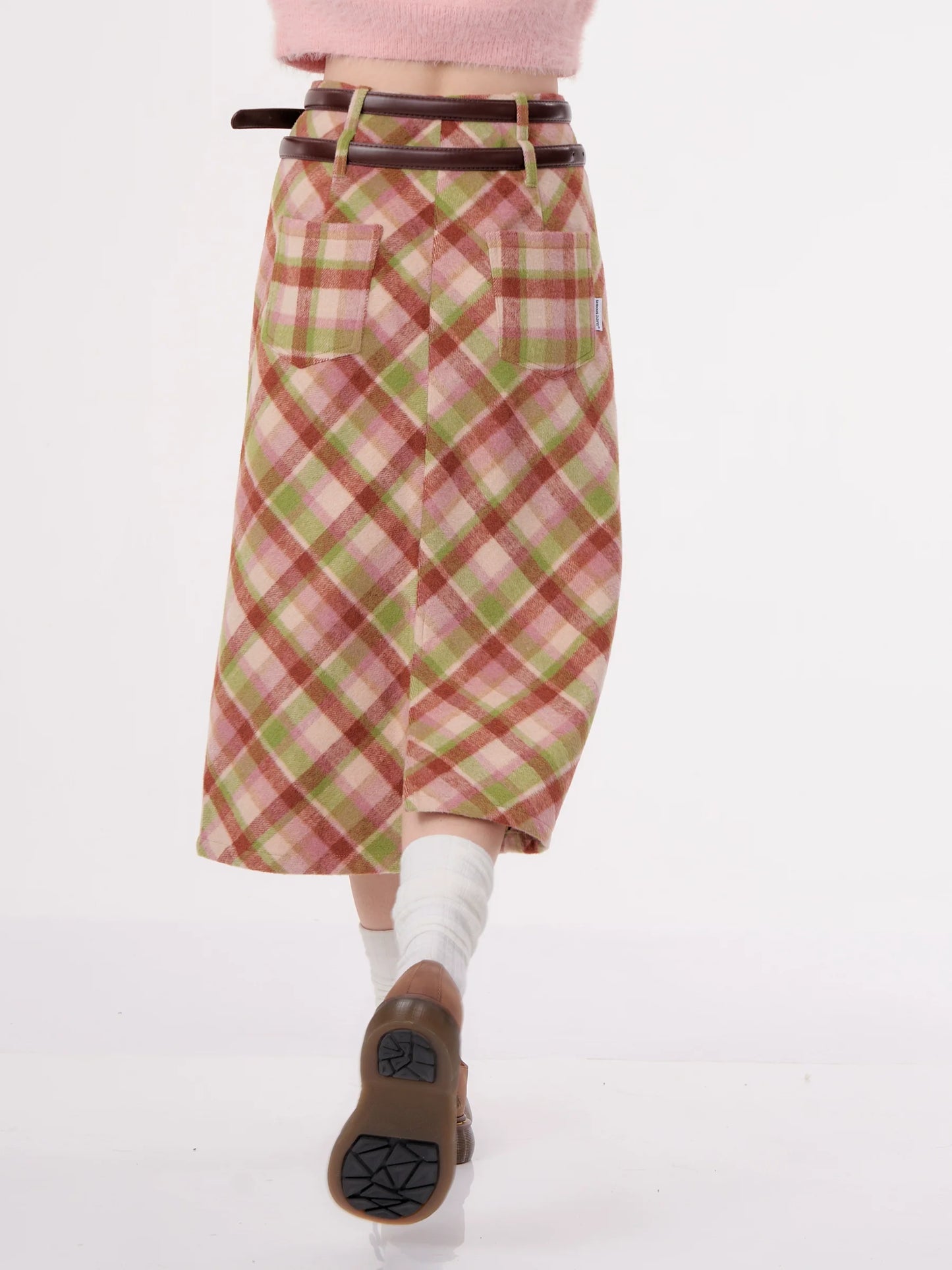 High Waist Plaid Wool Skirt