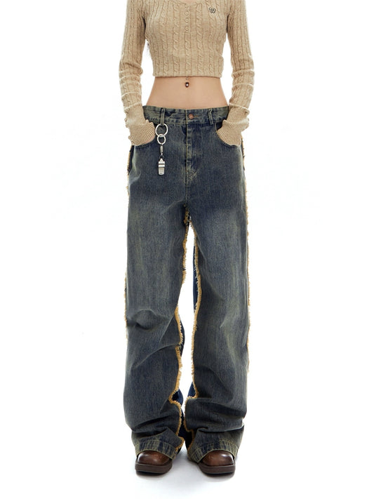 American Retro Cat Straight Stitched Pants