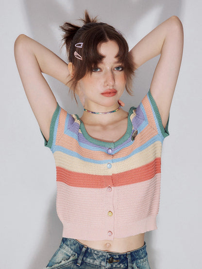 Colorful Border Knit Short Sleeve Cardigan