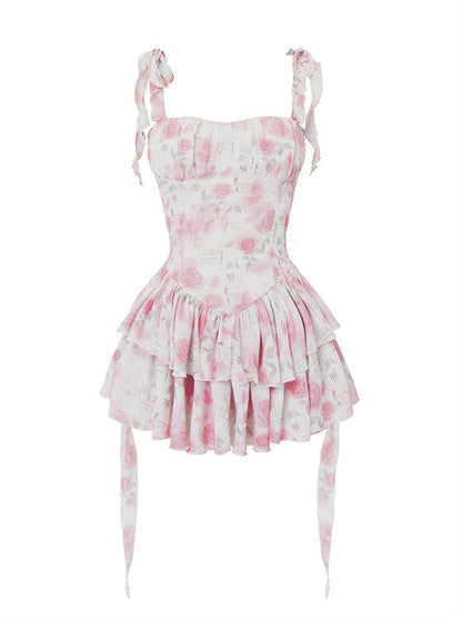 Pure Dixie Amistrous Chiffon Shoulder Ribbon Bow Bustier Tiered Dress