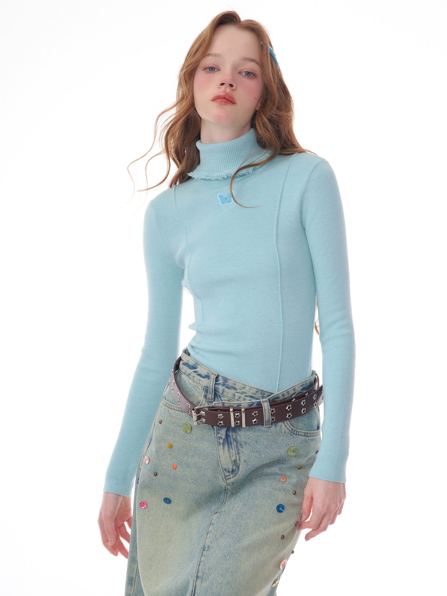 Butterfly embroidery slim thin knitted base shirt