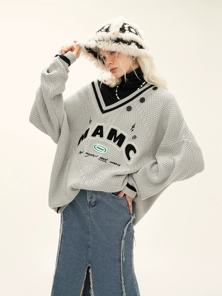 Irregular collar plaid knitted sweater