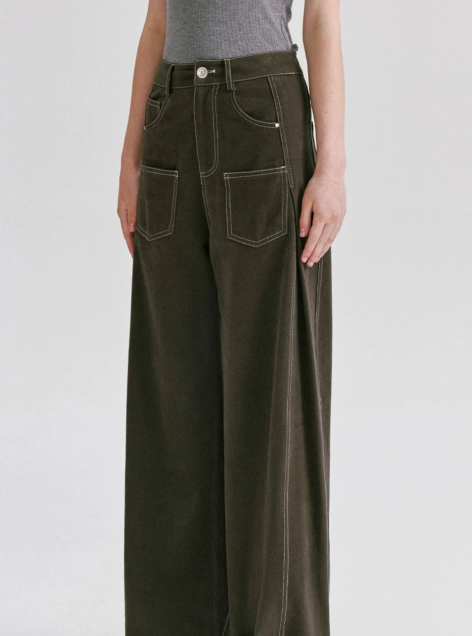 Pocket cotton loose wide-leg pants