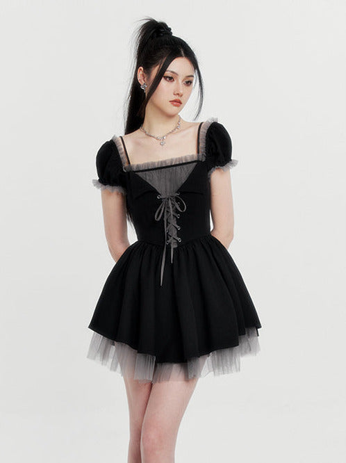 Lace-up layered tulle dress