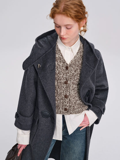 Mid-length hooded double-sided woolen coat