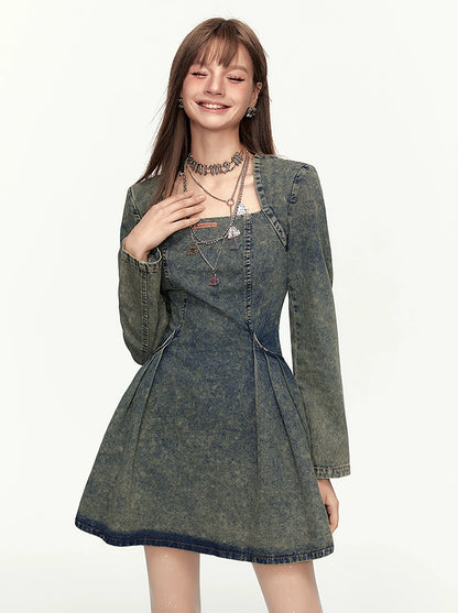 Hong Kong Style Retro Square Neck Denim Dress