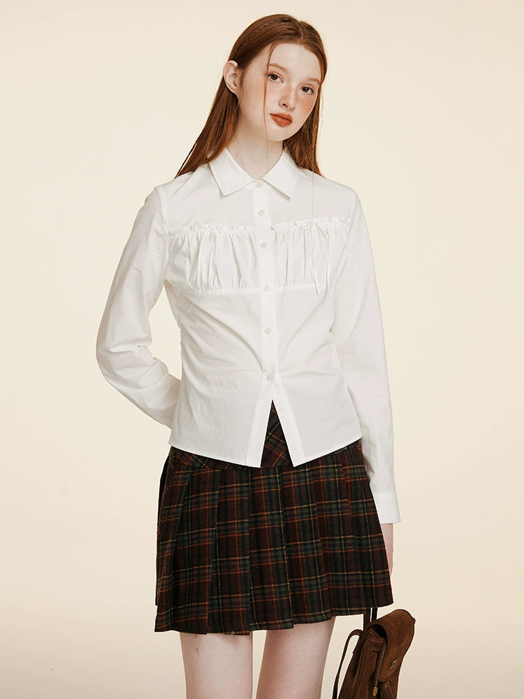 Pleated Waist Bow Tie Long Sleeve Top