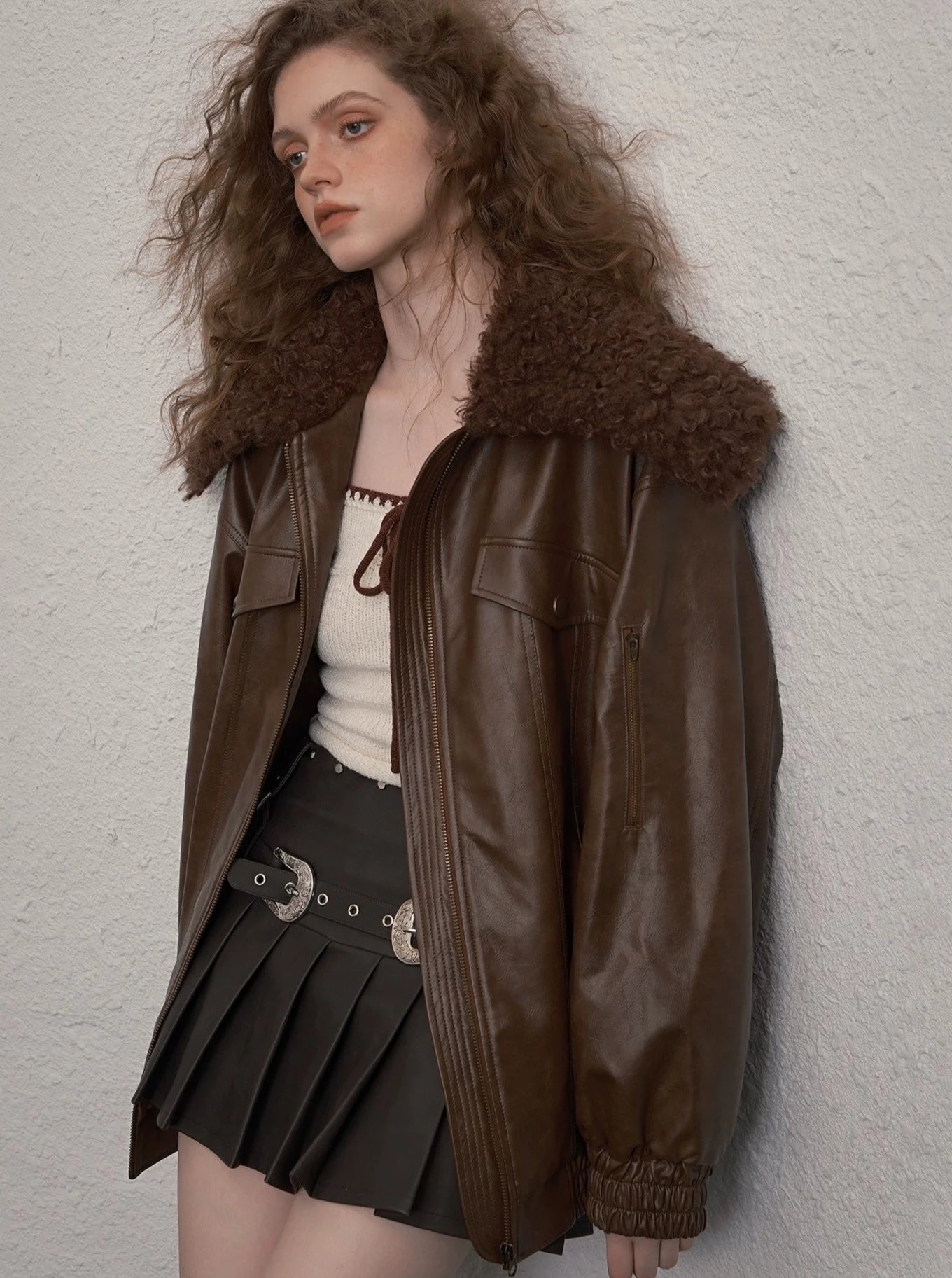 fur collar stitching pu leather jacket