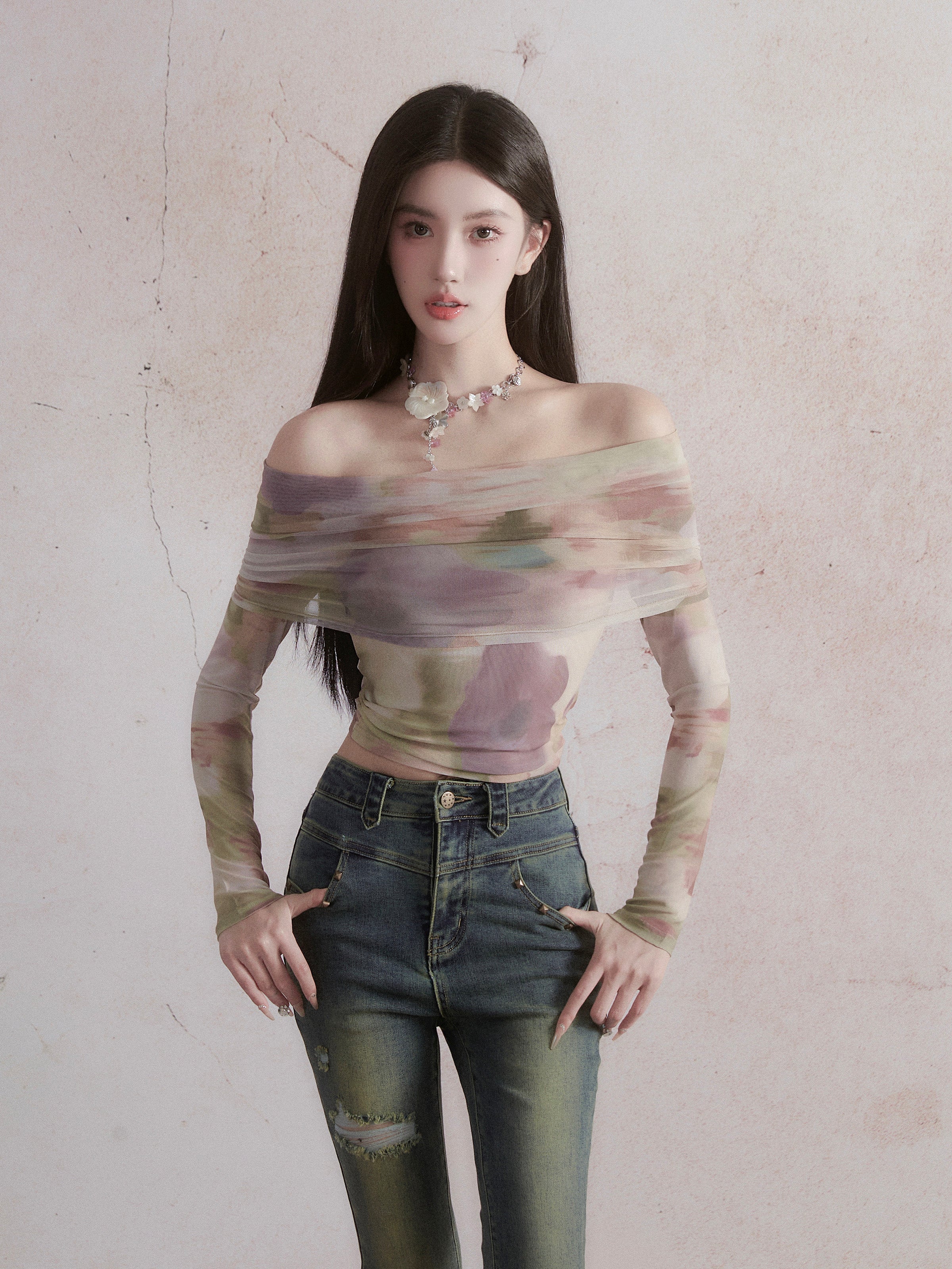 Marbled Color Sheer Off-the-shoulder Top – UrbanSheek