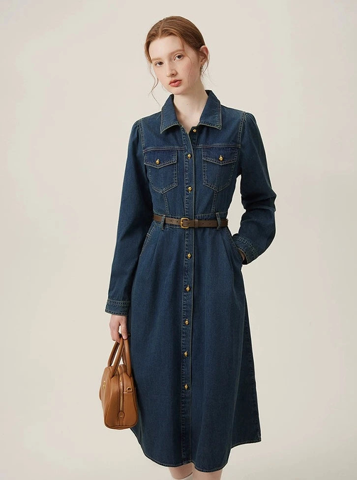 French Vintage Long Sleeve Denim Dress