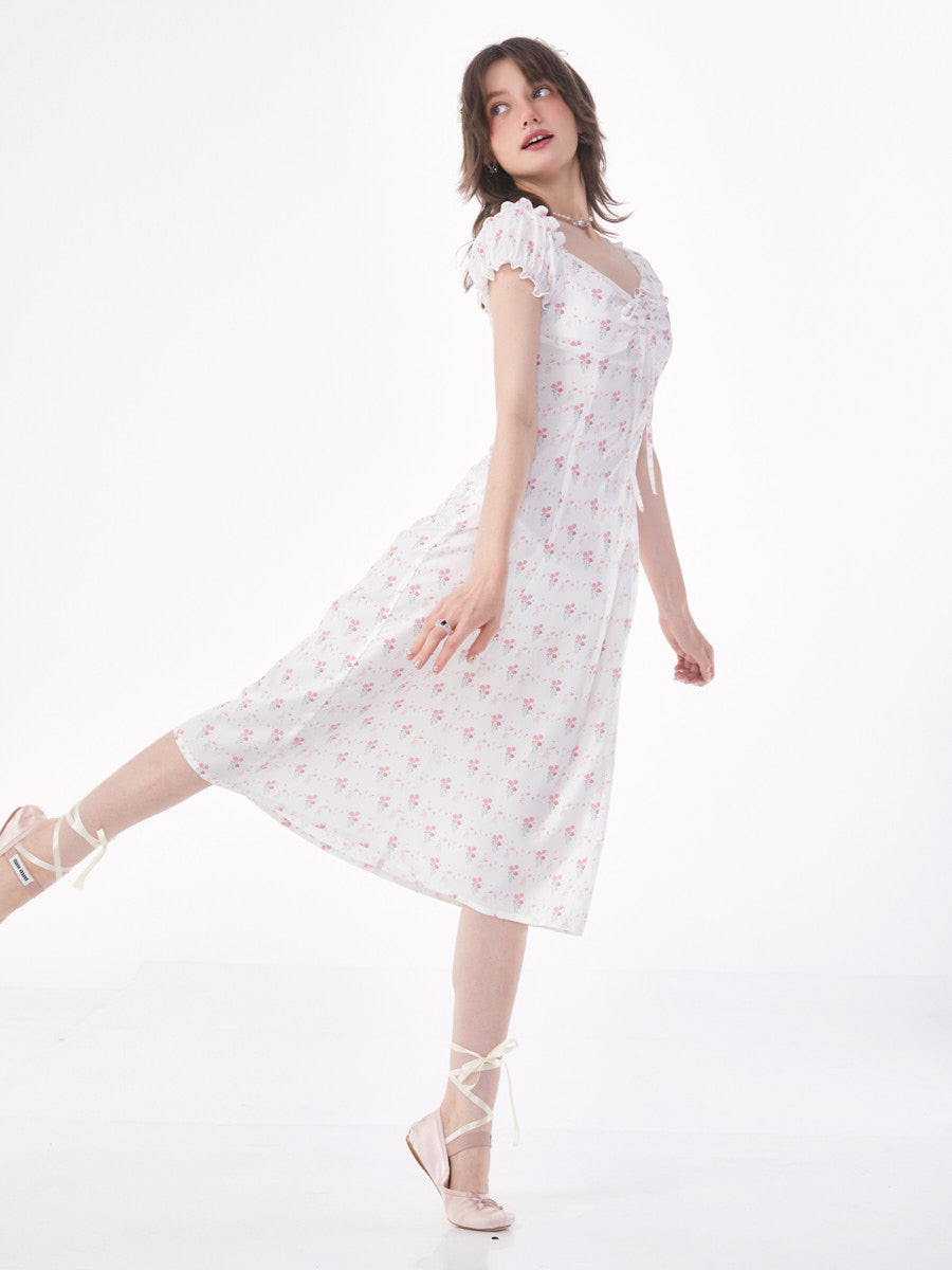 Rose Puff Sleeve Waist Slim Dress