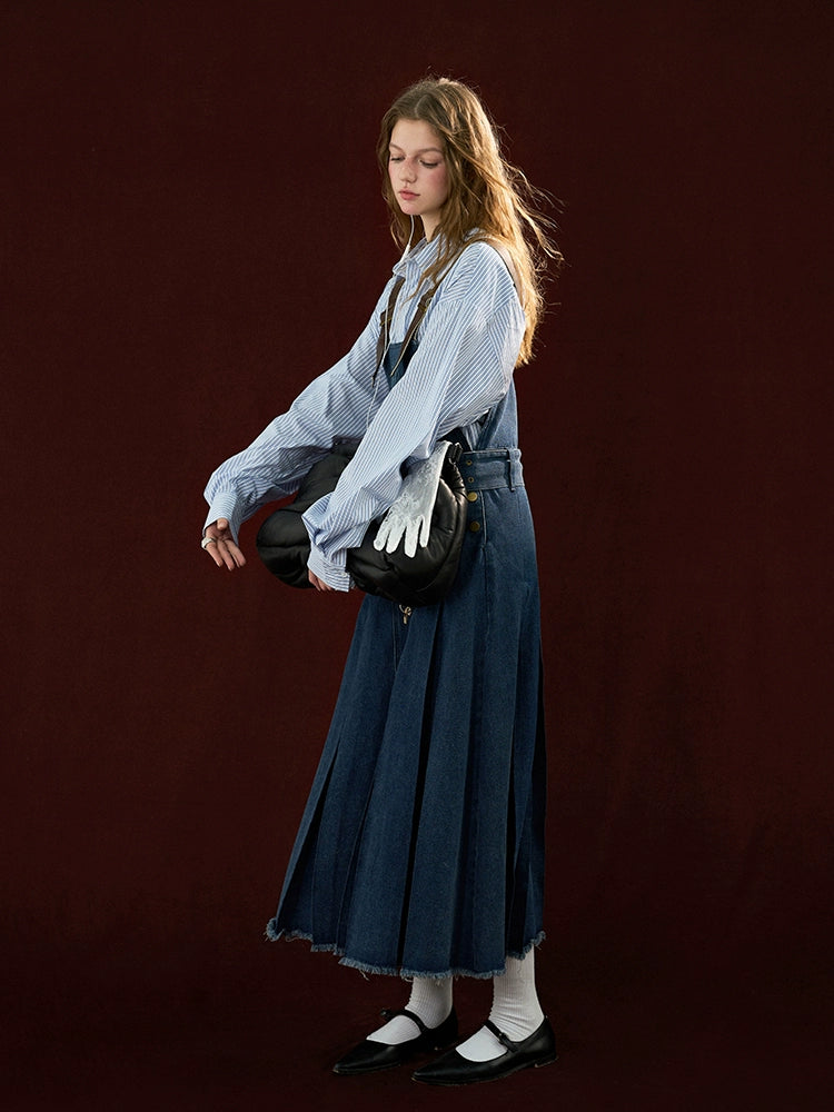 Vintage Denim Pleated Long Bib Dress