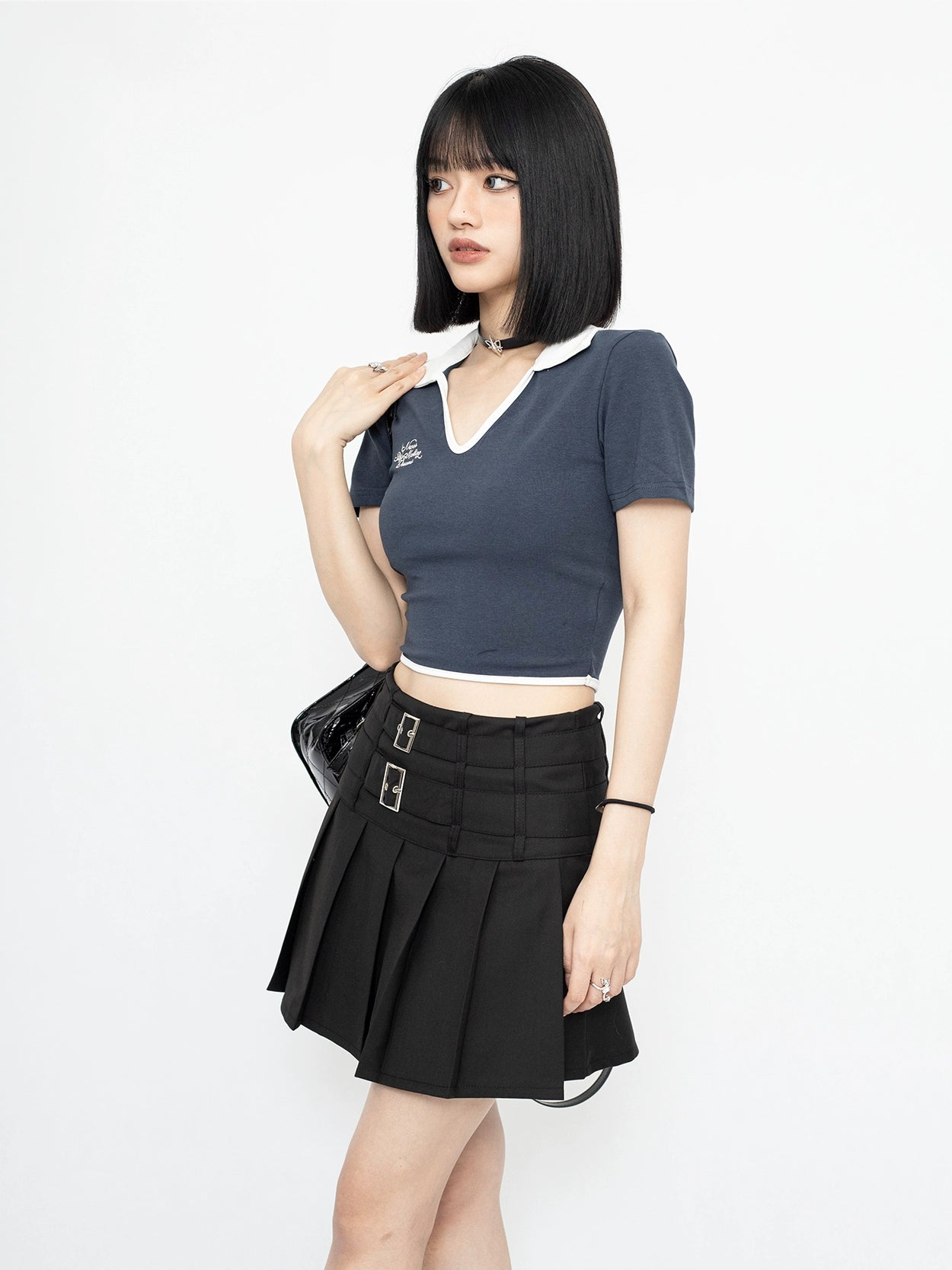 Metal Buckle A-line Pleated Skirt