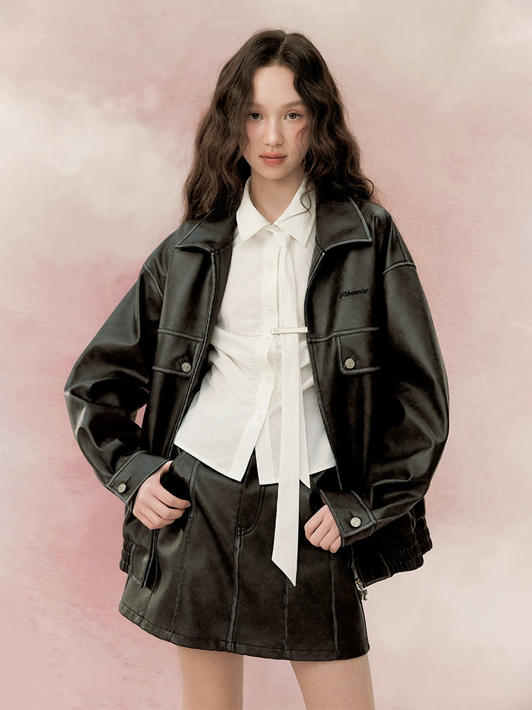 Loose leather jacket + skirt Set-up