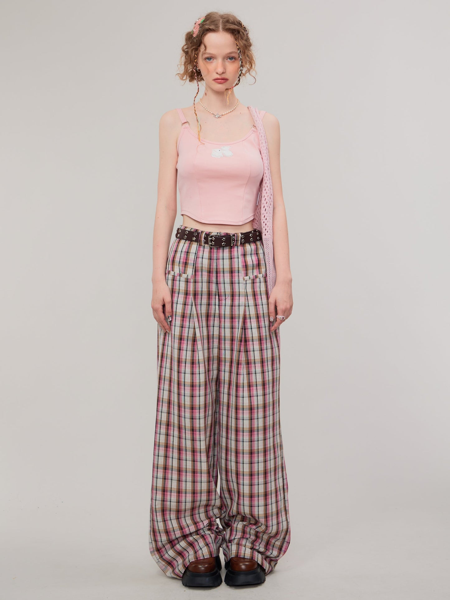 American Pink Plaid Casual Pants