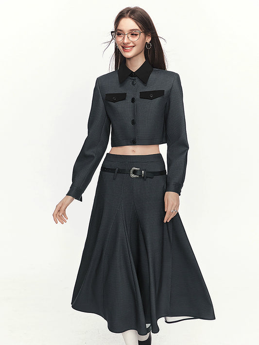 Workwear Style Patterned Tops Skirt Two-Piece Set