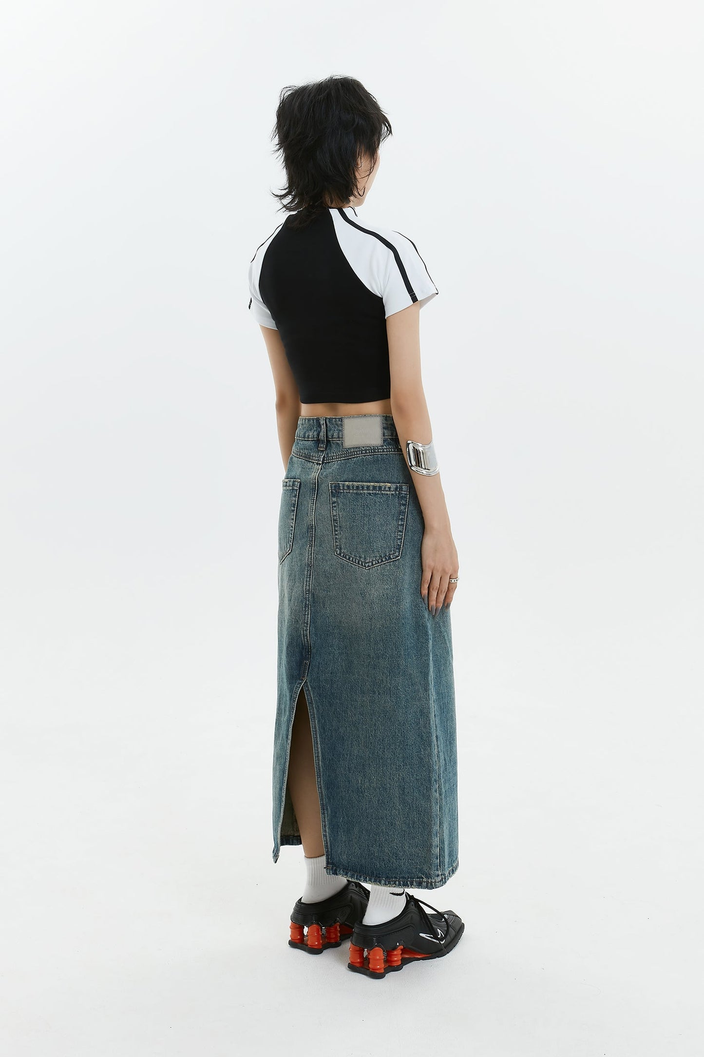 Back Slit A-Line Denim Long Skirt