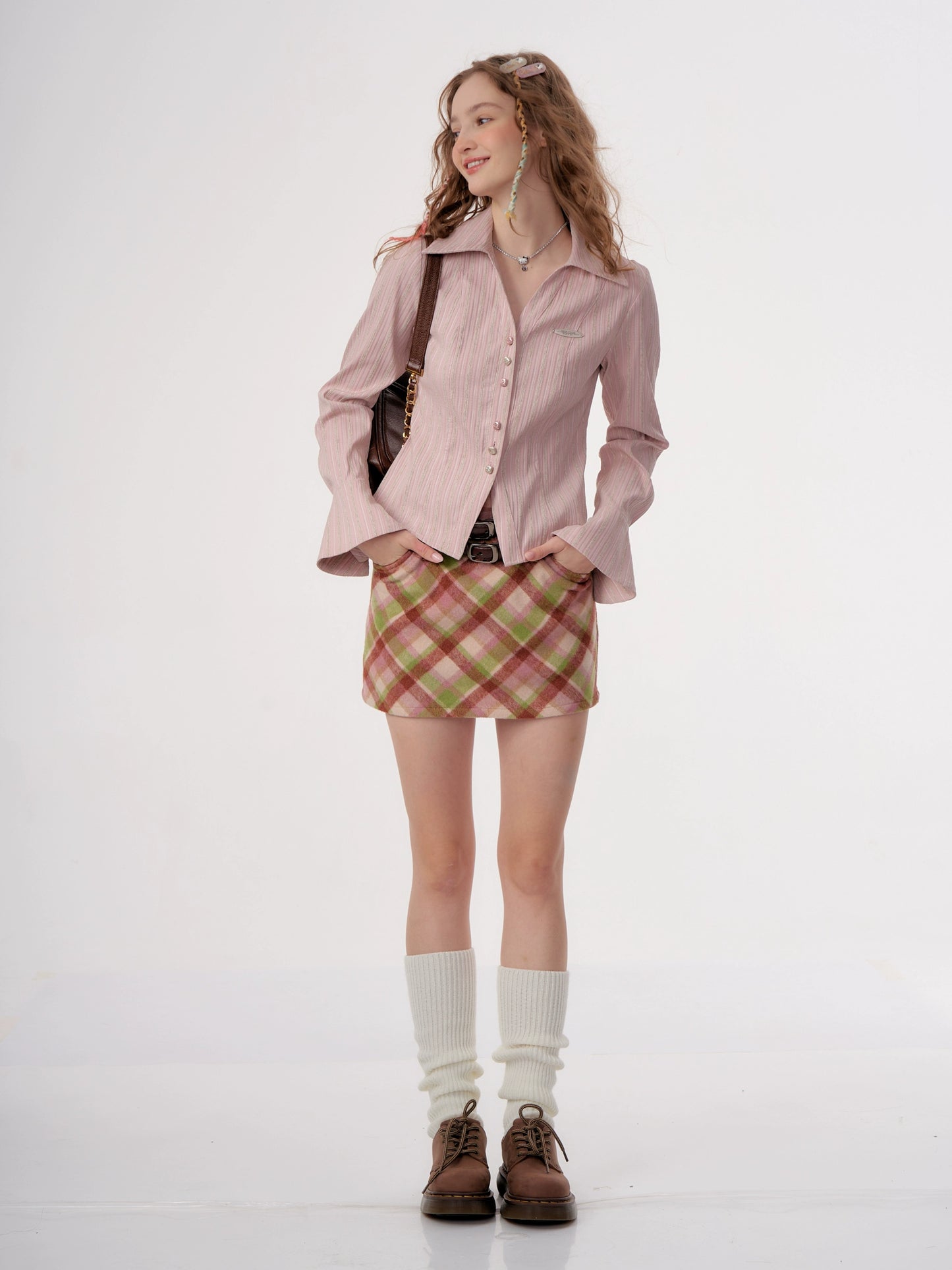 American a-line woolen tweed plaid skirt