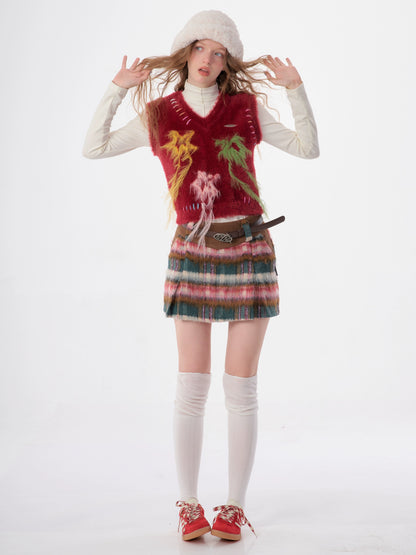 High-waisted thin red woolen tweed plaid short Skirt