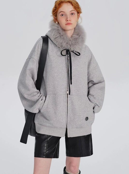Fox fur collar hooded sweatshirt coat