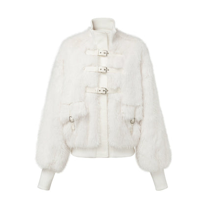 Leather Buckle Wrapping Loose Fur Jacket