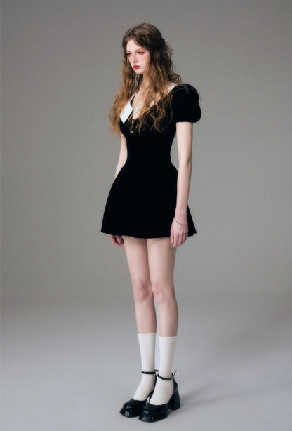 Velvet puff sleeve dress with collar