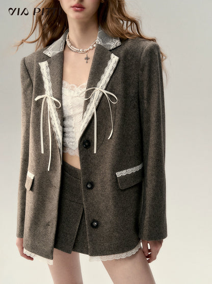 Patchwork Lace Bow Tweed Blazer Jacket