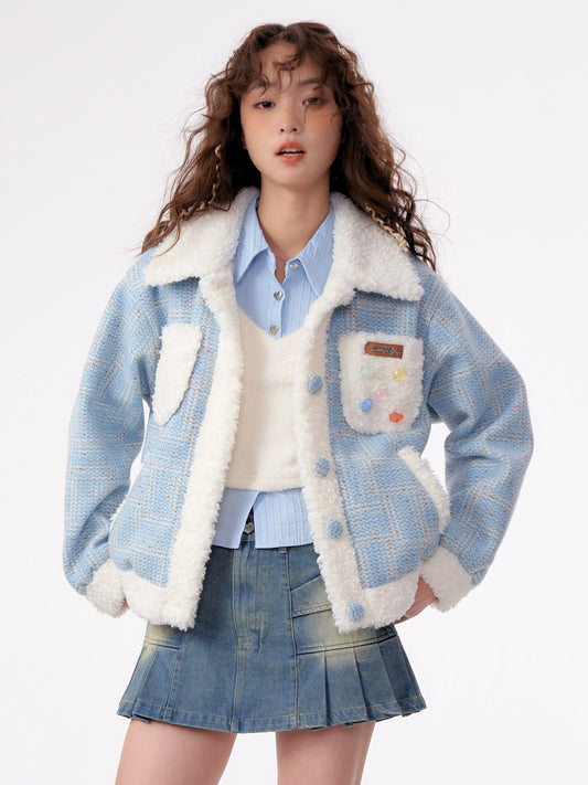 American vintage blue check wool collar jacket