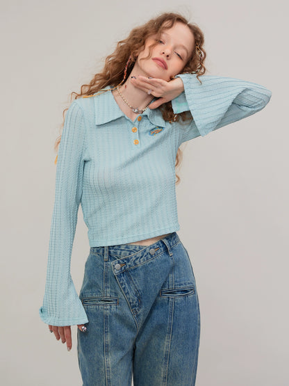 American embroidered flared sleeves knitted T-shirt