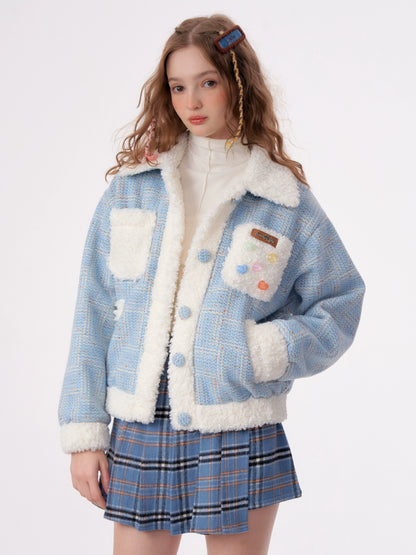 American vintage blue check wool collar jacket