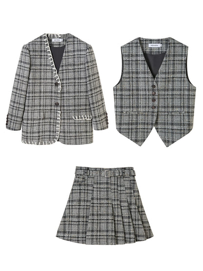 Plaid pleated small coat with skirt set