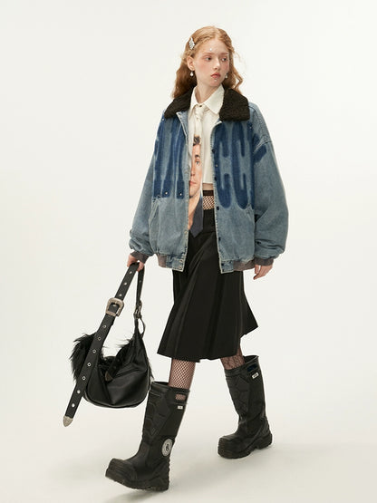 Vintage Washed Fur Collar Denim Jacket