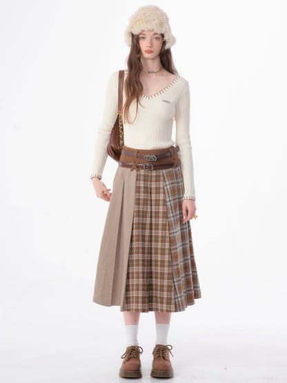 Paneled plaid midi thick tweed pleated skirt