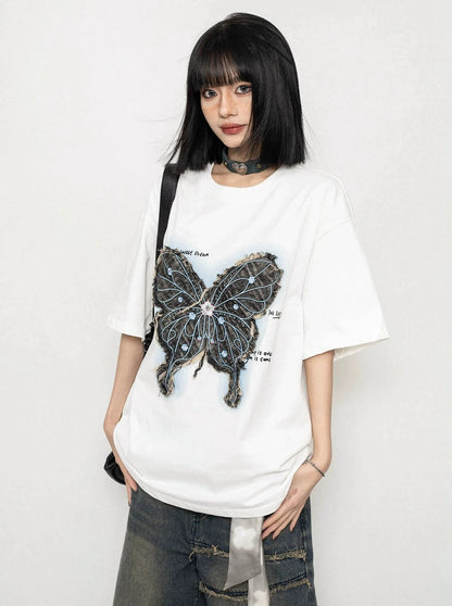 American Vintage Butterfly Embroidery Loose Top