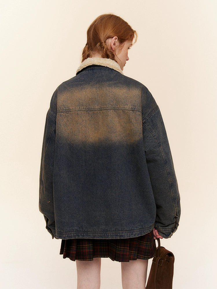 Retro loose inner lambswool thickened denim jacket