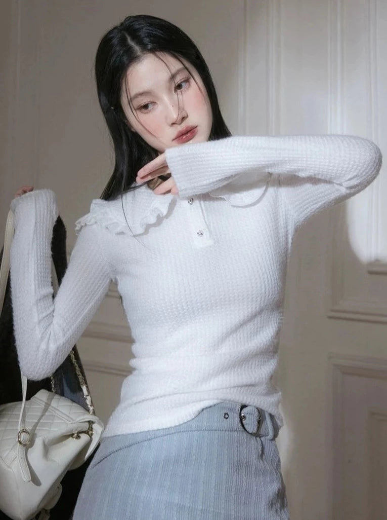 double layer ruffle collar knitted stretch shirt