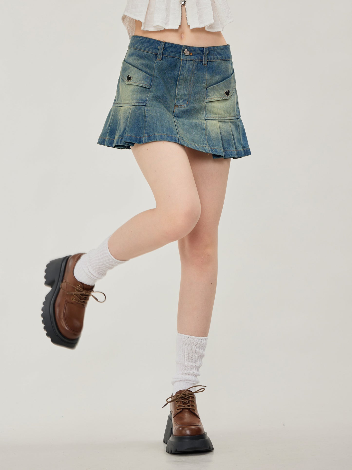 Pleated Denim Mini Skirt