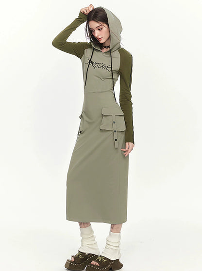 Mid-length cut-out back hooded long-sleeved dress