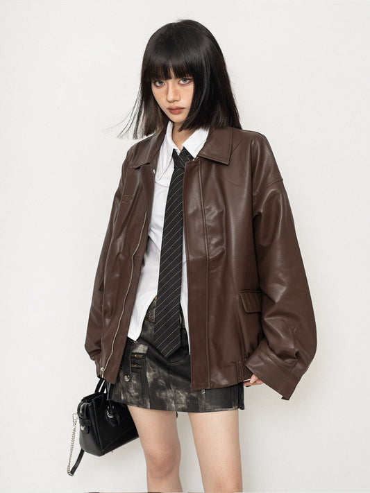 Loose Polo Collar Leather Coat