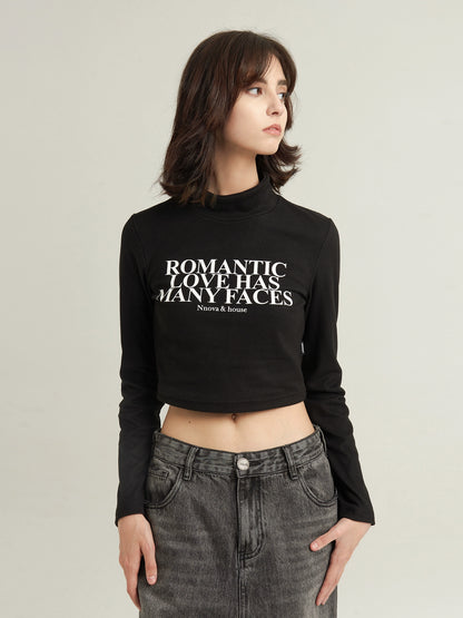 Turtleneck letters long sleeves crop tops